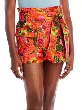 Farm Rio Small Blooming Garden Orange Floral Belted Cargo High-Waist Shorts
